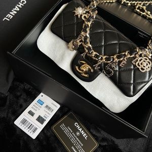 CHANEL Lambskin Quilted Mini Coco Charms Rectangular Flap Black  - Gold Hardware